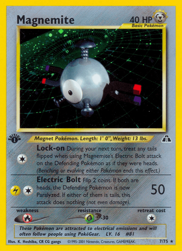 1st Edition Holofoil, Fire[×2], Grass[-30], Holo Rare, Metal, Neo Discovery 1st Edition Magnemite (7/75) [Neo Discovery 1st Edition] - Trading Card World
