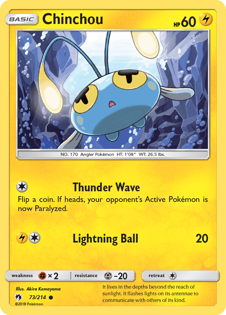 73, Common, Fighting[×2], Lightning, Metal[-20], Normal, Reverse Holofoil, Sun & Moon: Lost Thunder Chinchou (73/214) [Sun & Moon: Lost Thunder] - Trading Card World