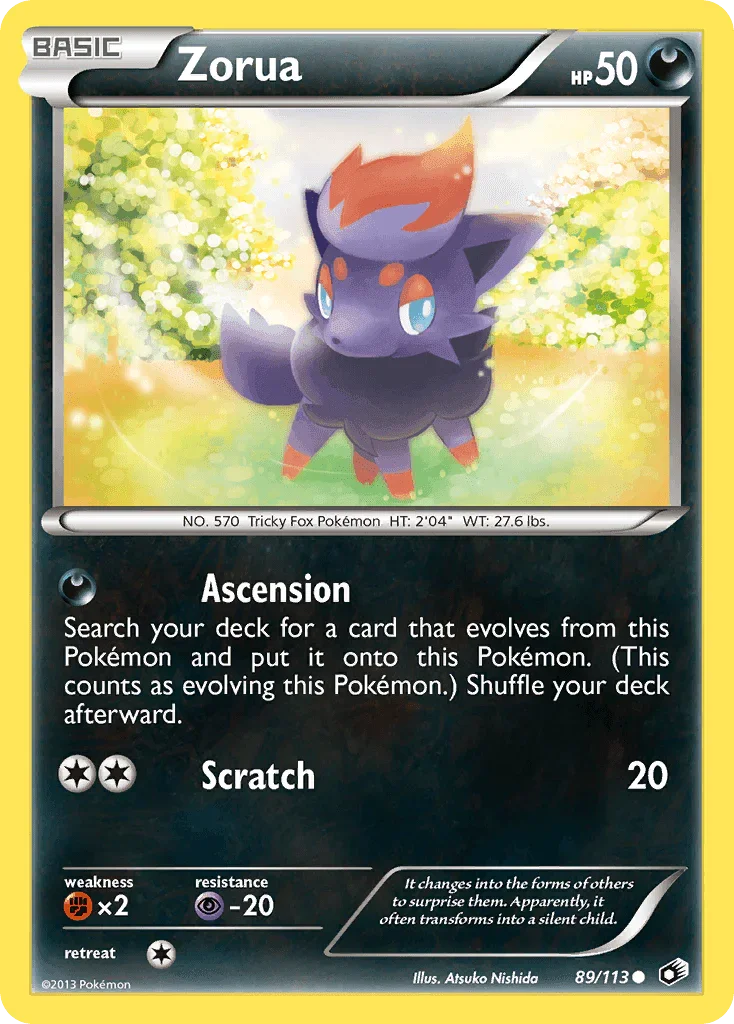 89, Black & White: Legendary Treasures, Common, Darkness, Fighting[×2], Normal, Psychic[-20], Reverse Holofoil Zorua (89/113) [Black & White: Legendary Treasures] - Trading Card World