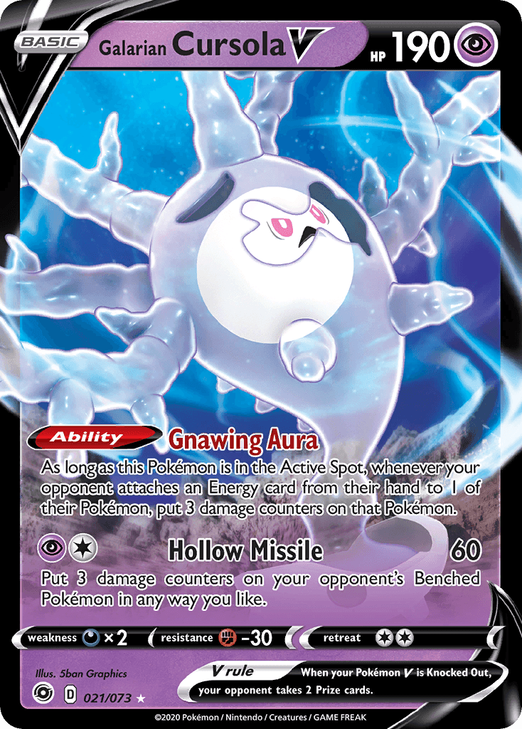 021, Darkness[×2], Fighting[-30], Holofoil, Psychic, Sword & Shield: Champion's Path, Ultra Rare Galarian Cursola V (021/073) [Sword & Shield: Champion's Path] - Trading Card World