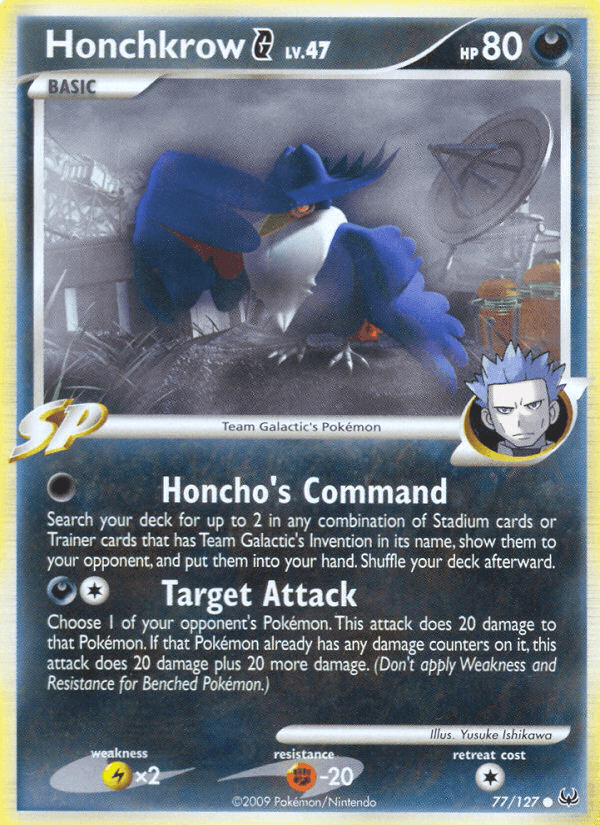 77, Common, Darkness, Fighting[-20], Lightning[×2], Normal, Platinum: Base Set, Reverse Holofoil Honchkrow G (77/127) [Platinum: Base Set] - Trading Card World