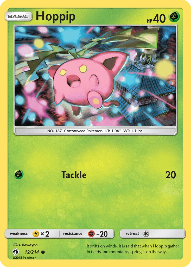 12, Common, Fighting[-20], Grass, Lightning[×2], Normal, Reverse Holofoil, Sun & Moon: Lost Thunder Hoppip (12/214) [Sun & Moon: Lost Thunder] - Trading Card World