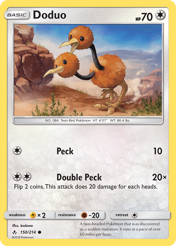 150, Colorless, Common, Fighting[-20], Lightning[×2], Normal, Reverse Holofoil, Sun & Moon: Unbroken Bonds Doduo (150/214) [Sun & Moon: Unbroken Bonds] - Trading Card World