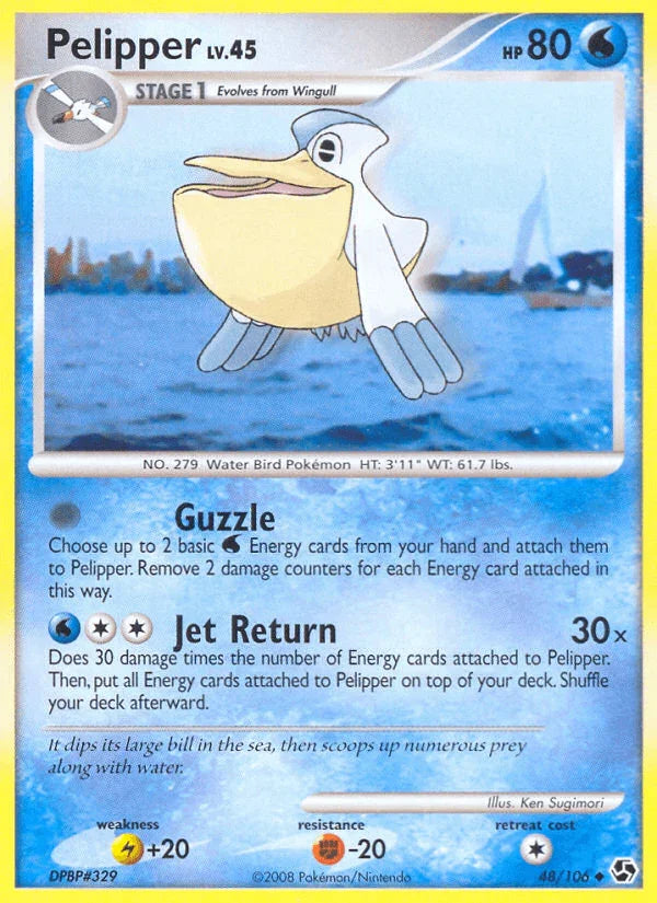 48, Diamond & Pearl: Great Encounters, Fighting[-20], Lightning[+20], Normal, Reverse Holofoil, Uncommon, Water Pelipper (48/106) [Diamond & Pearl: Great Encounters] - Trading Card World