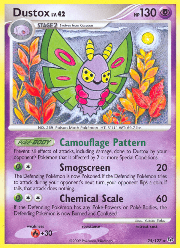 25, Fire[+30], Normal, Platinum: Base Set, Psychic, Rare, Reverse Holofoil Dustox (25/127) [Platinum: Base Set] - Trading Card World