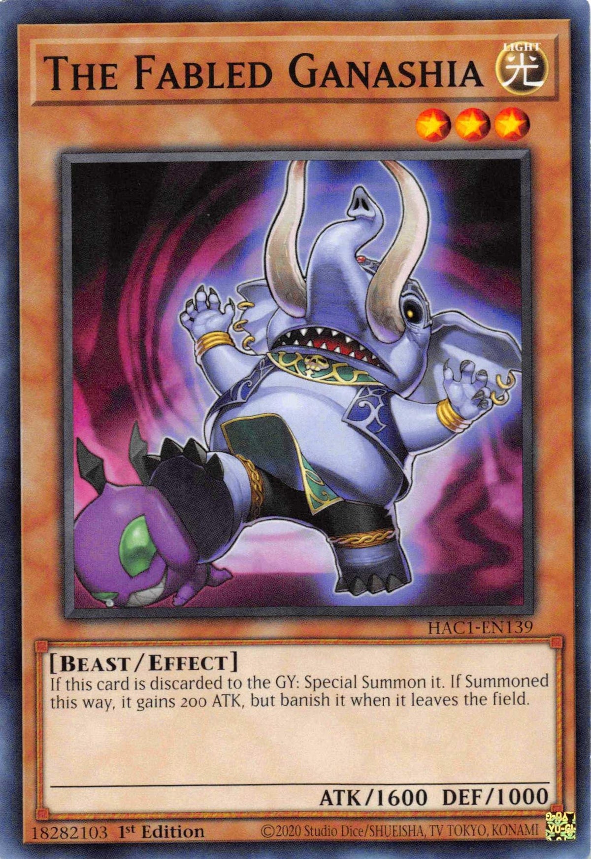 1st Edition, Beast, Common, Effect Monster, Hidden Arsenal: Chapter 1, Light The Fabled Ganashia [HAC1-EN139] Common - Trading Card World