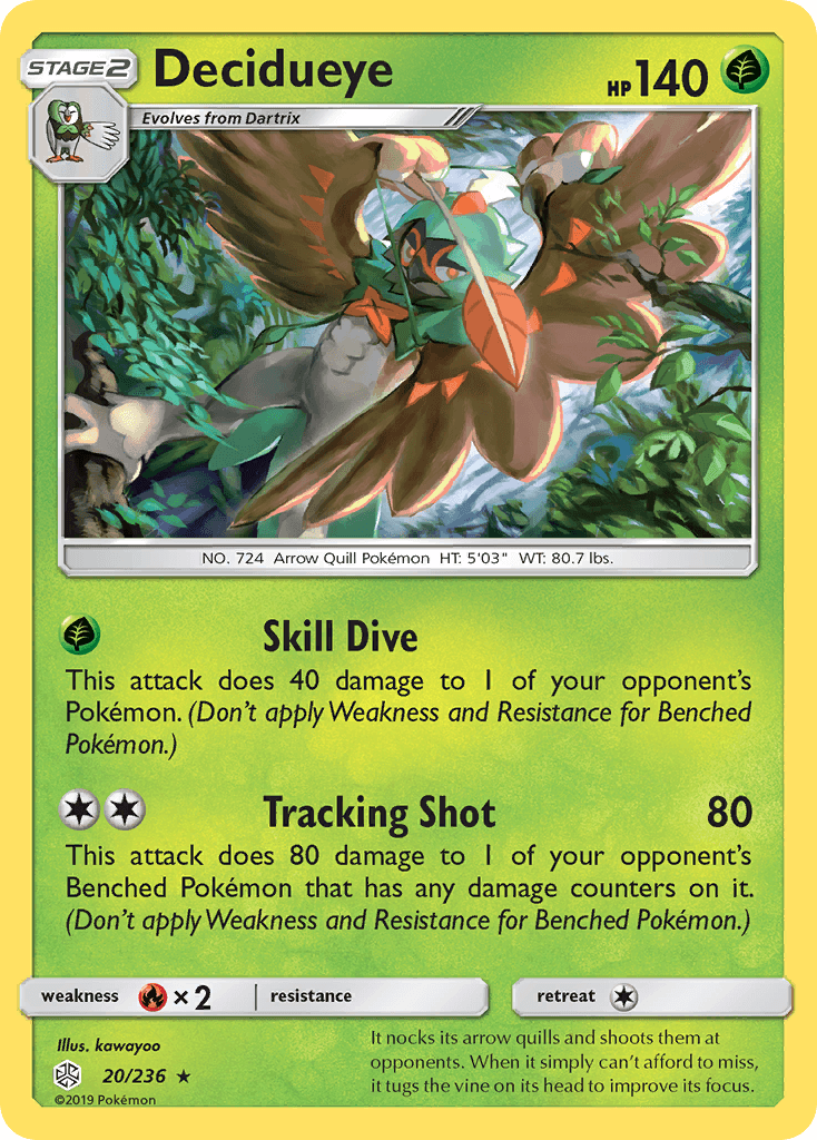 20, Fire[×2], Grass, Holo Rare, Holofoil, Reverse Holofoil, Sun & Moon: Cosmic Eclipse Decidueye (20/236) [Sun & Moon: Cosmic Eclipse] - Trading Card World