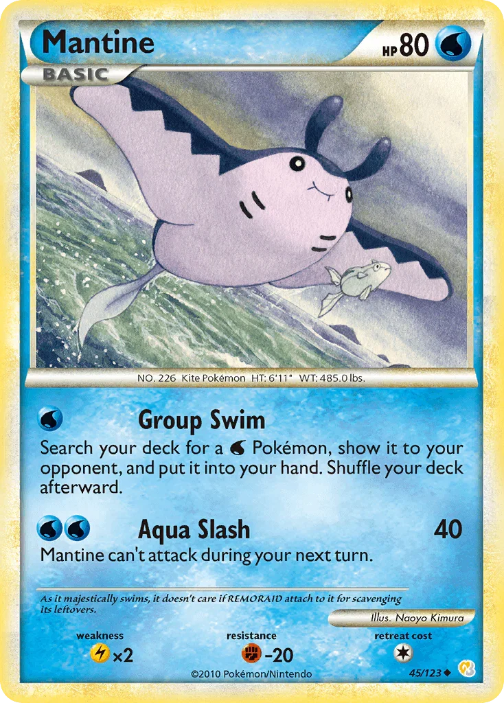 45, Fighting[-20], HeartGold & SoulSilver: Base Set, Lightning[×2], Normal, Reverse Holofoil, Uncommon, Water Mantine (45/123) [HeartGold & SoulSilver: Base Set] - Trading Card World