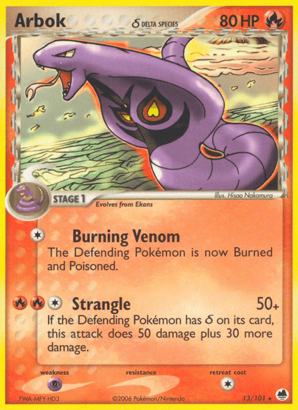 13, EX: Dragon Frontiers, Fire, Normal, Psychic[×2], Rare Arbok (13/101) (Delta Species) [EX: Dragon Frontiers] - Trading Card World