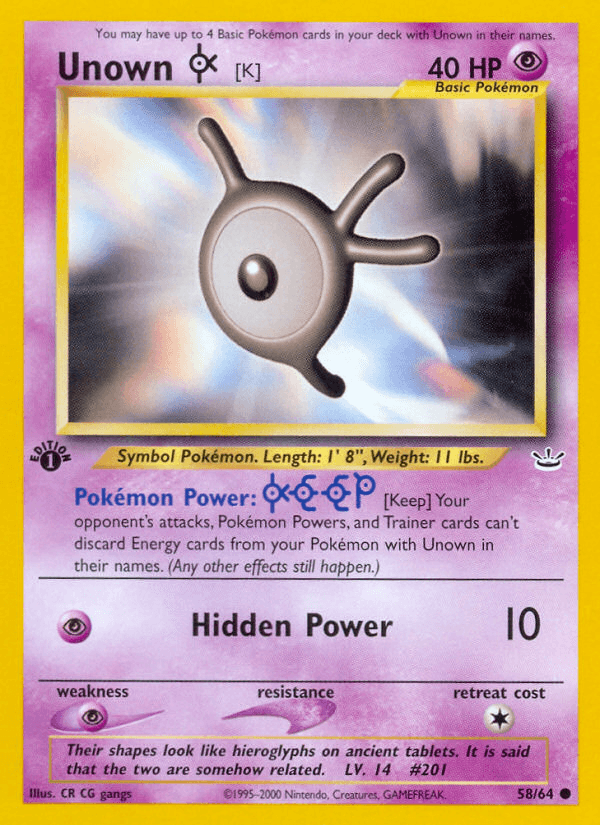 1st Edition Normal, 58, Common, Neo Revelation 1st Edition, Psychic, Psychic[×2] Unown [K] (58/64) [Neo Revelation 1st Edition] - Trading Card World