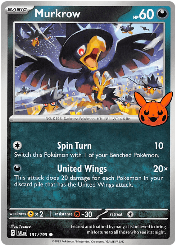 131, Darkness, Fighting [-30], Lightning [x2], Normal, Promo, Trick or Trade 2023 Murkrow (131/193) [Trick or Trade 2023] - Trading Card World