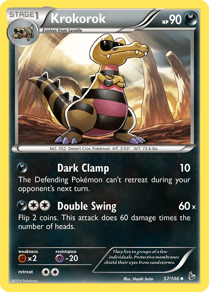 57, Darkness, Fighting[×2], Normal, Psychic[-20], Reverse Holofoil, Uncommon, XY: Flashfire Krokorok (57/106) [XY: Flashfire] - Trading Card World