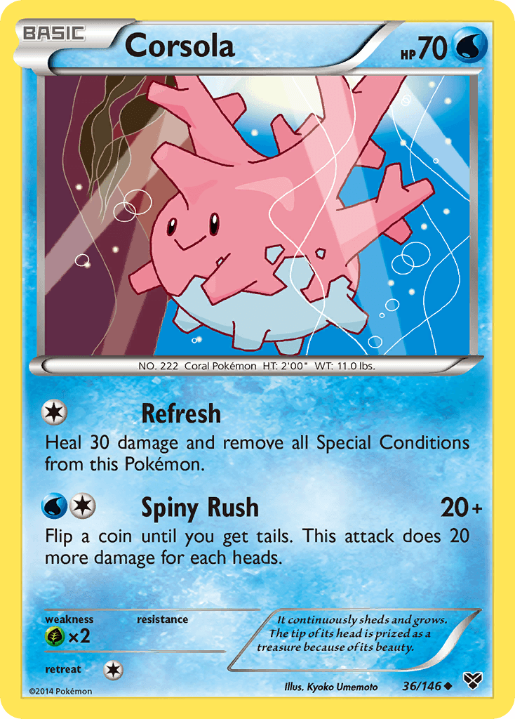 36, Grass[×2], Normal, Reverse Holofoil, Uncommon, Water, XY: Base Set Corsola (36/146) [XY: Base Set] - Trading Card World