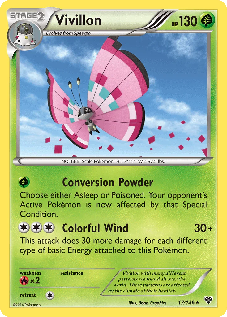 17, Grass, Holo Rare, Holofoil, Rx2, XY: Base Set Vivillon (17/146) (Meadow Form/Pink Wings) [XY: Base Set] - Trading Card World