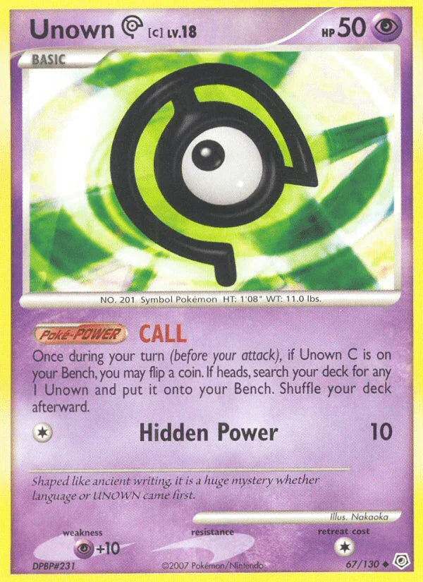 67, Diamond & Pearl: Base Set, Normal, Psychic, Psychic[+10], Reverse Holofoil, Uncommon Unown C (67/130) [Diamond & Pearl: Base Set] - Trading Card World