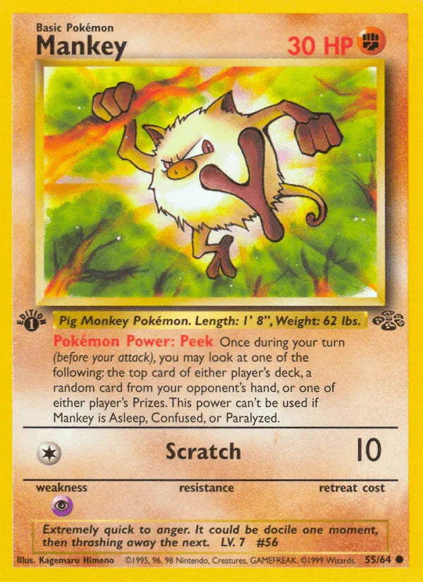 1st Edition Normal, 55, Common, Fighting, Jungle 1st Edition, Psychic[×2] Mankey (55/64) [Jungle 1st Edition] - Trading Card World