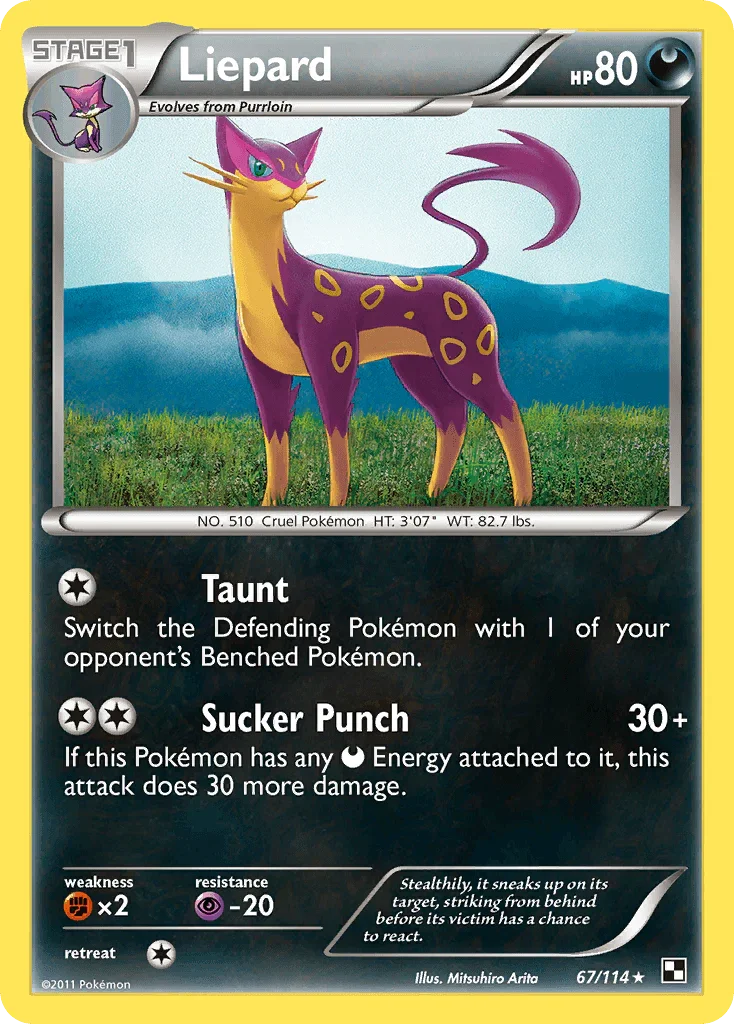 67, Black & White: Base Set, Darkness, Fighting[×2], Normal, Psychic[-20], Rare, Reverse Holofoil Liepard (67/114) [Black & White: Base Set] - Trading Card World