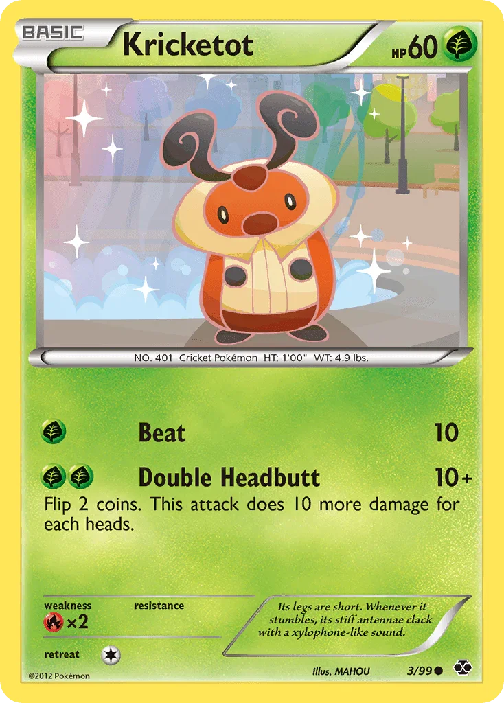 Black & White: Next Destinies, Common, Fire[×2], Grass, Normal, Reverse Holofoil Kricketot (3/99) [Black & White: Next Destinies] - Trading Card World