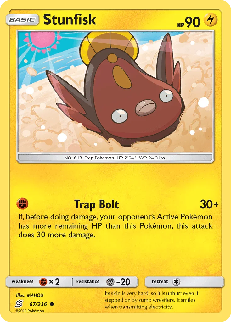 67, Common, Fighting[×2], Lightning, Metal[-20], Normal, Reverse Holofoil, Sun & Moon: Unified Minds Stunfisk (67/236) [Sun & Moon: Unified Minds] - Trading Card World