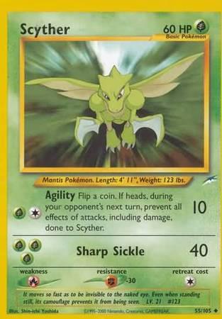 55, Fighting[-30], Fire[×2], Grass, Neo Destiny Unlimited, Normal, Uncommon Scyther (55/105) [Neo Destiny Unlimited] - Trading Card World