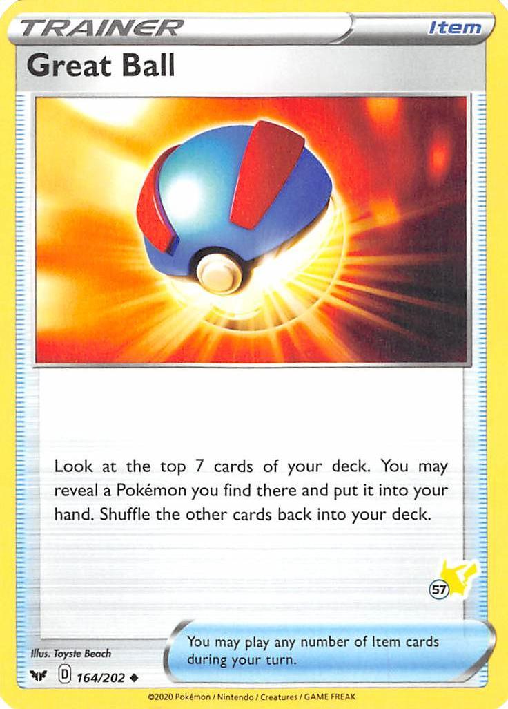164, Battle Academy 2022, Item, Normal, Uncommon Great Ball (164/202) (Pikachu Stamp #57) [Battle Academy 2022] - Trading Card World