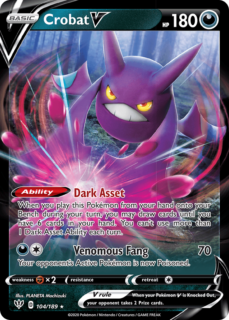 Darkness, Fighting[×2], Holofoil, Sword & Shield: Darkness Ablaze, Ultra Rare Crobat V (104/189) [Sword & Shield: Darkness Ablaze] - Trading Card World