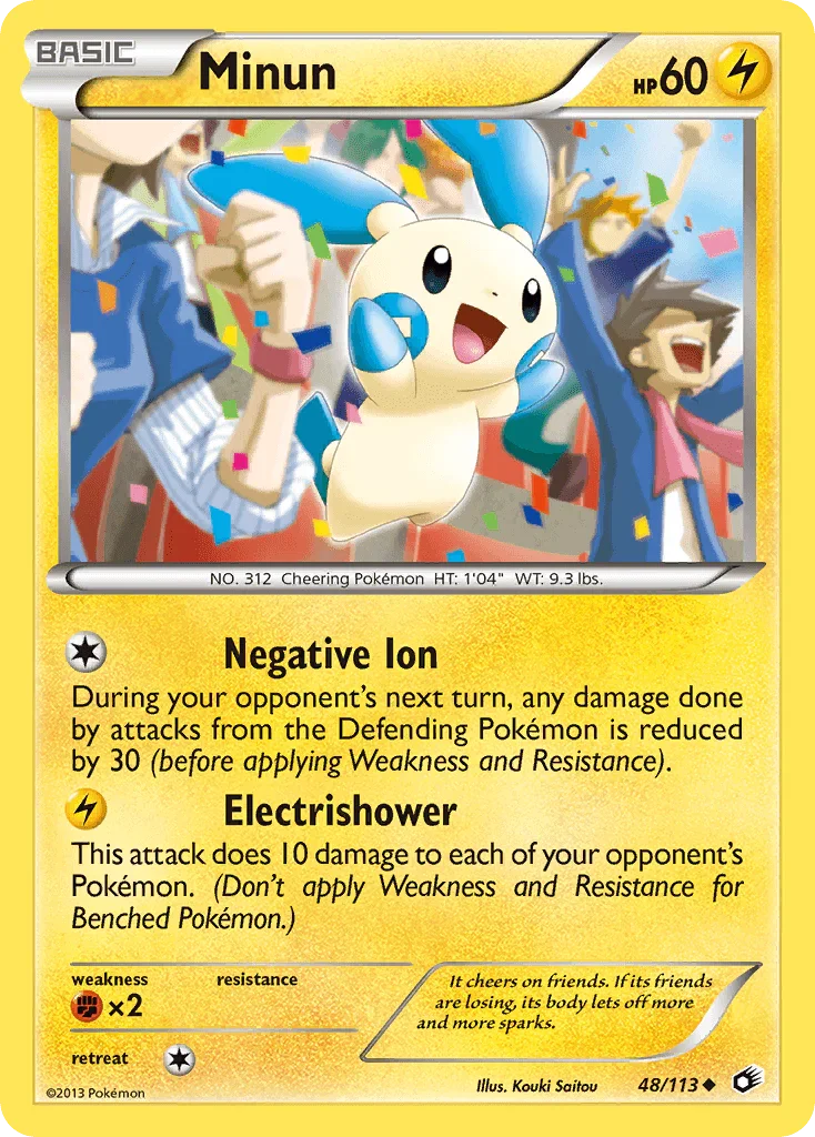 48, Black & White: Legendary Treasures, Fighting[×2], Lightning, Normal, Reverse Holofoil, Uncommon Minun (48/113) [Black & White: Legendary Treasures] - Trading Card World