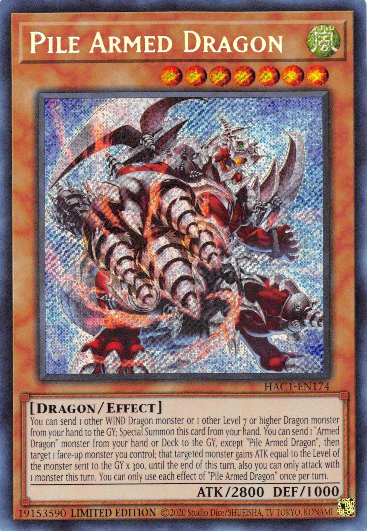 Dragon, Effect Monster, Hidden Arsenal: Chapter 1, Limited, Secret Rare, Wind Pile Armed Dragon [HAC1-EN174] Secret Rare - Trading Card World