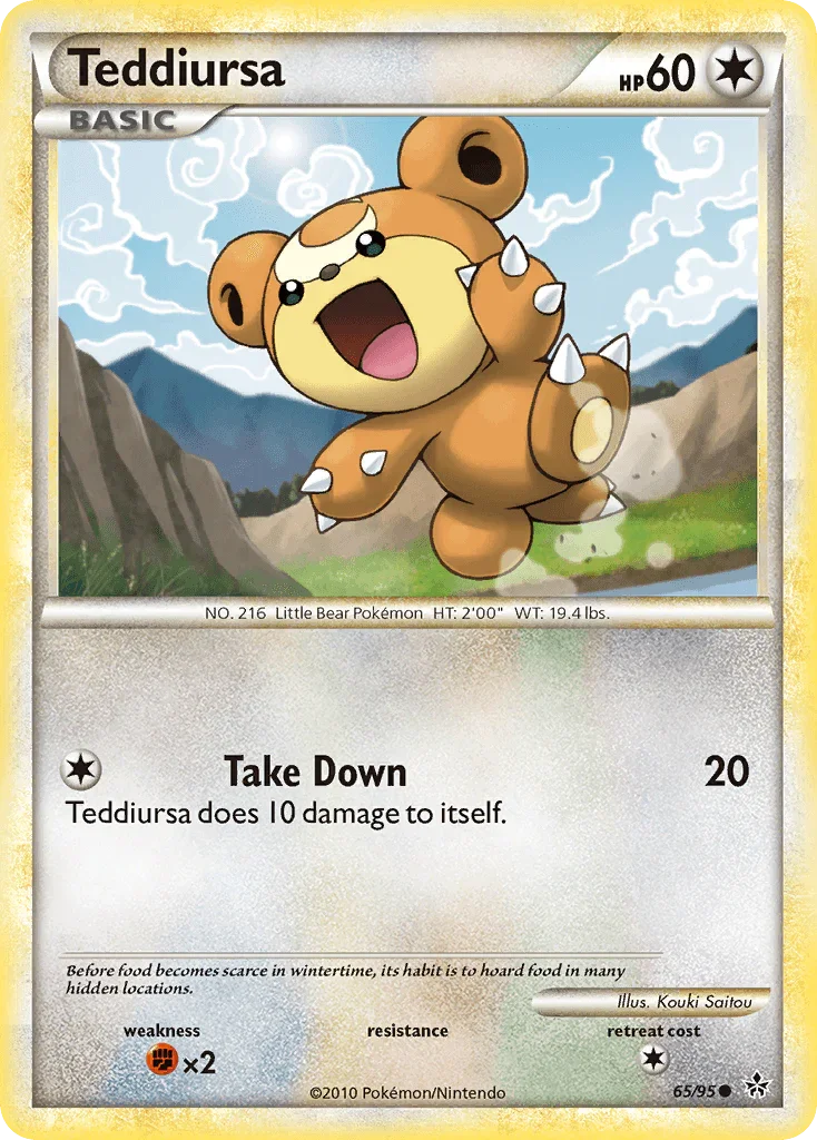 65, Colorless, Common, Fighting[×2], HeartGold & SoulSilver: Unleashed, Normal, Reverse Holofoil Teddiursa (65/95) [HeartGold & SoulSilver: Unleashed] - Trading Card World