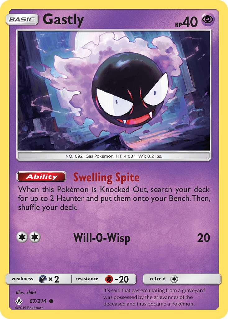 67, Common, Darkness[×2], Fighting[-20], Normal, Psychic, Reverse Holofoil, Sun & Moon: Unbroken Bonds Gastly (67/214) [Sun & Moon: Unbroken Bonds] - Trading Card World