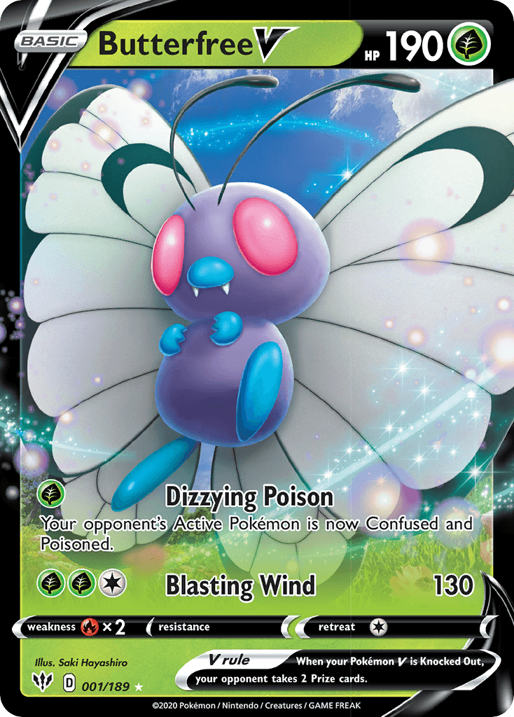 001, Fire[×2], Grass, Holofoil, Sword & Shield: Darkness Ablaze, Ultra Rare Butterfree V (001/189) [Sword & Shield: Darkness Ablaze] - Trading Card World