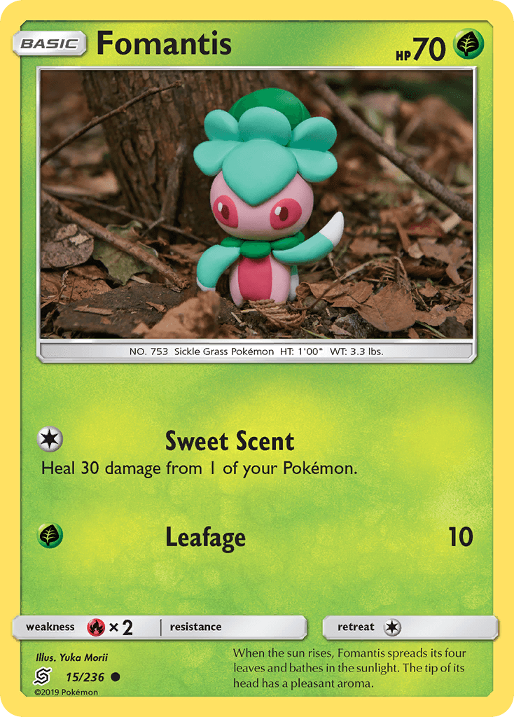 15, Common, Fire[×2], Grass, Normal, Reverse Holofoil, Sun & Moon: Unified Minds Fomantis (15/236) [Sun & Moon: Unified Minds] - Trading Card World