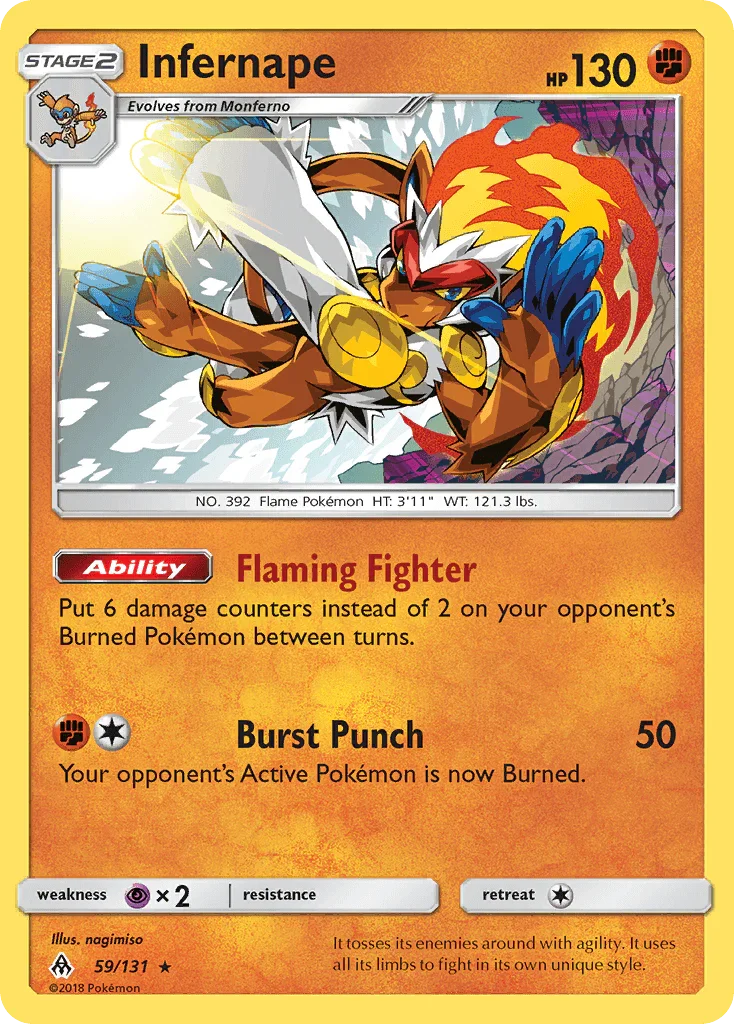 59, Fighting, Holo Rare, Holofoil, Psychic[×2], Reverse Holofoil, Sun & Moon: Forbidden Light Infernape (59/131) [Sun & Moon: Forbidden Light] - Trading Card World