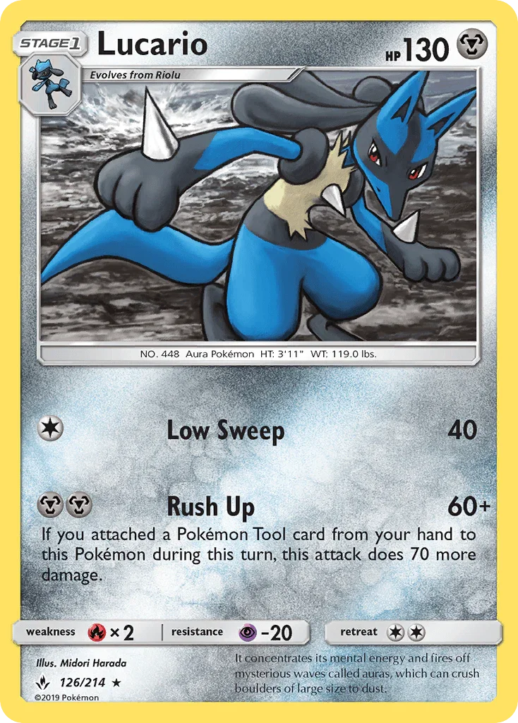126, Fire[×2], Holo Rare, Holofoil, Metal, Psychic[-20], Reverse Holofoil, Sun & Moon: Unbroken Bonds Lucario (126/214) [Sun & Moon: Unbroken Bonds] - Trading Card World