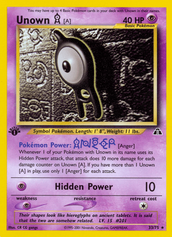1st Edition Normal, 33, Neo Discovery 1st Edition, Psychic, Psychic[×2], Rare Unown [A] (33/75) [Neo Discovery 1st Edition] - Trading Card World