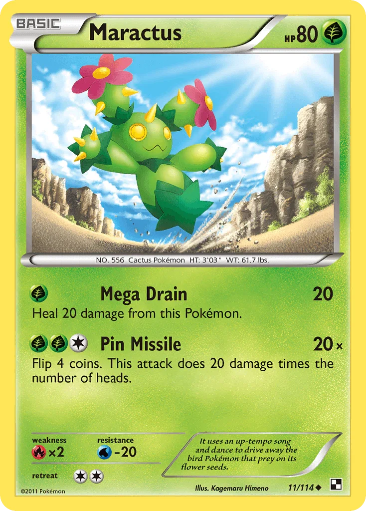 11, Black & White: Base Set, Fire[×2], Grass, Normal, Reverse Holofoil, Uncommon, Water[-20] Maractus (11/114) [Black & White: Base Set] - Trading Card World