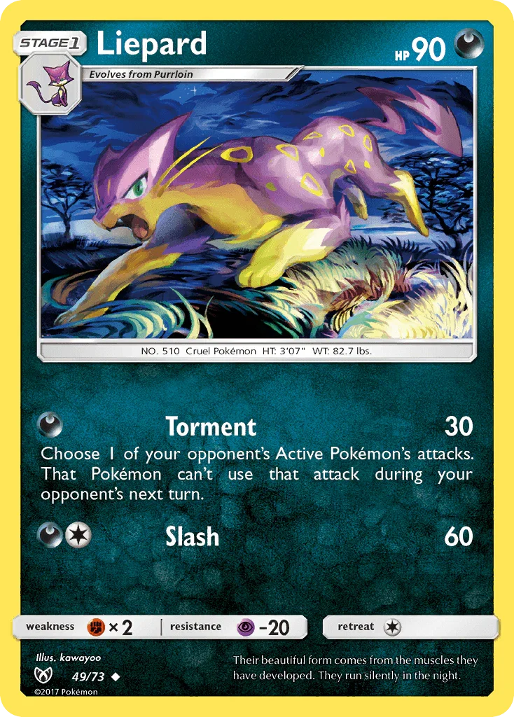 49, Darkness, Fighting[×2], Normal, Psychic[-20], Reverse Holofoil, Sun & Moon: Shining Legends, Uncommon Liepard (49/73) [Sun & Moon: Shining Legends] - Trading Card World