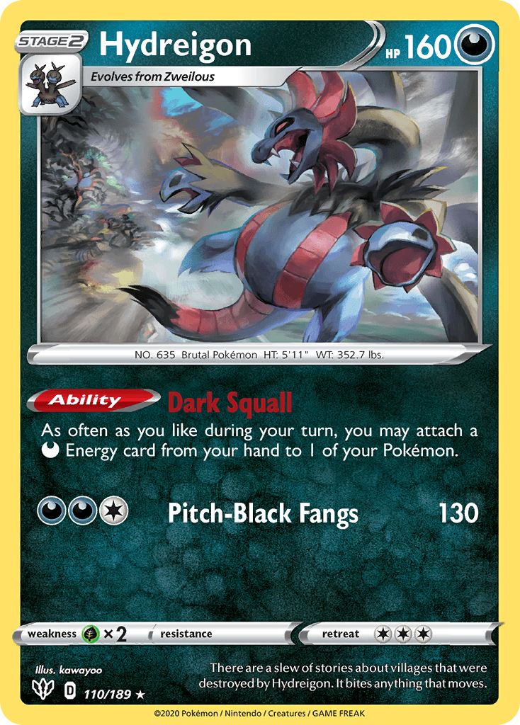 110, Darkness, Grass[×2], Normal, Rare, Reverse Holofoil, Sword & Shield: Darkness Ablaze Hydreigon (110/189) [Sword & Shield: Darkness Ablaze] - Trading Card World