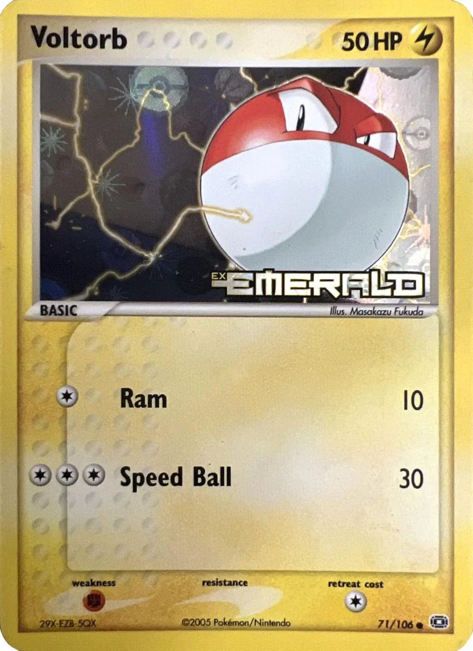 71, Common, EX: Emerald, Fighting[×2], Lightning, Reverse Holofoil Voltorb (71/106) (Stamped) [EX: Emerald] - Trading Card World