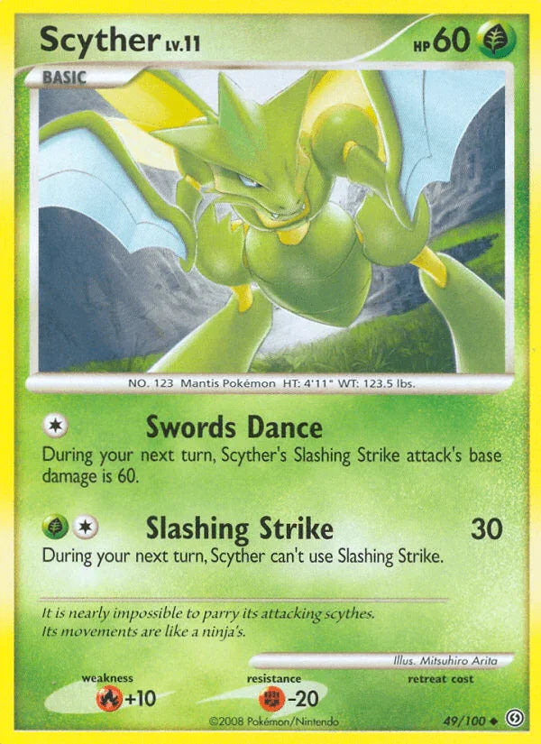 49, Diamond & Pearl: Stormfront, Fighting[-20], Fire[+10], Grass, Normal, Reverse Holofoil, Uncommon Scyther (49/100) [Diamond & Pearl: Stormfront] - Trading Card World