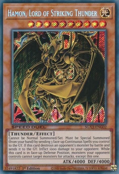 1st Edition, Effect Monster, Light, Secret Rare, Speed Duel GX: Duelists of Shadows, Thunder Hamon, Lord of Striking Thunder [SGX3-ENG02] Secret Rare - Trading Card World