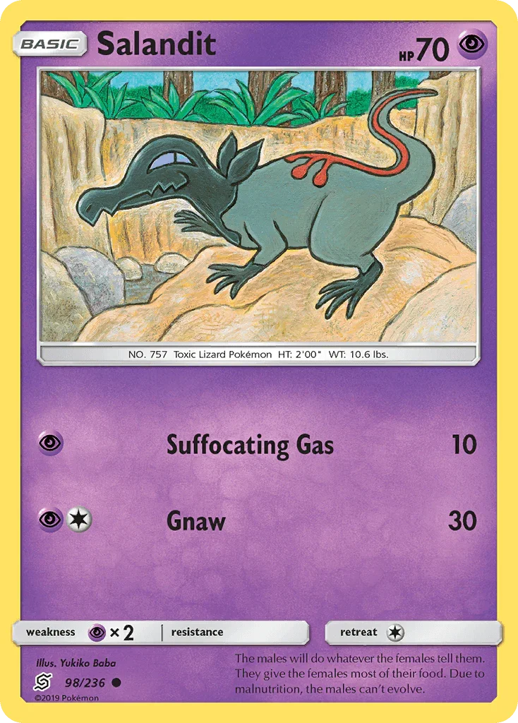 98, Common, Normal, Psychic, Psychic[×2], Reverse Holofoil, Sun & Moon: Unified Minds Salandit (98/236) [Sun & Moon: Unified Minds] - Trading Card World