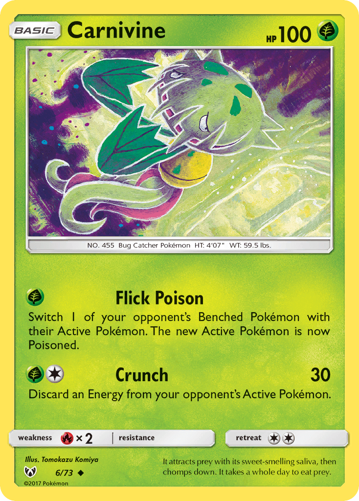 Fire[×2], Grass, Normal, Reverse Holofoil, Sun & Moon: Shining Legends, Uncommon Carnivine (6/73) [Sun & Moon: Shining Legends] - Trading Card World