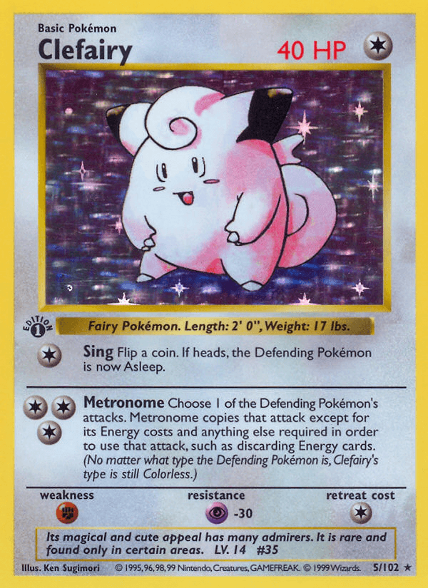 1st Edition Holofoil, Base Set 1st Edition, Colorless, Fighting[×2], Holo Rare, Psychic[-30] Clefairy (5/102) (Shadowless) [Base Set 1st Edition] - Trading Card World