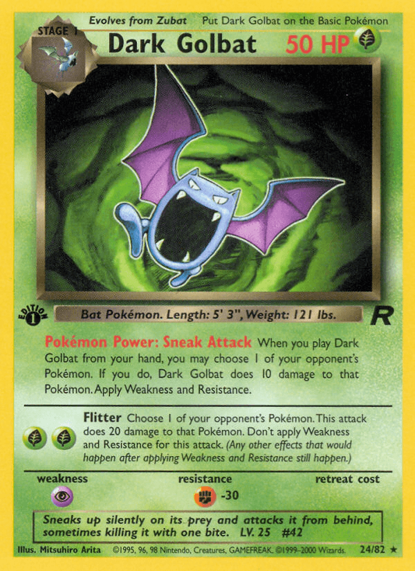 1st Edition Normal, 24, Fighting[-30], Grass, Psychic[×2], Rare, Team Rocket 1st Edition Dark Golbat (24/82) [Team Rocket 1st Edition] - Trading Card World