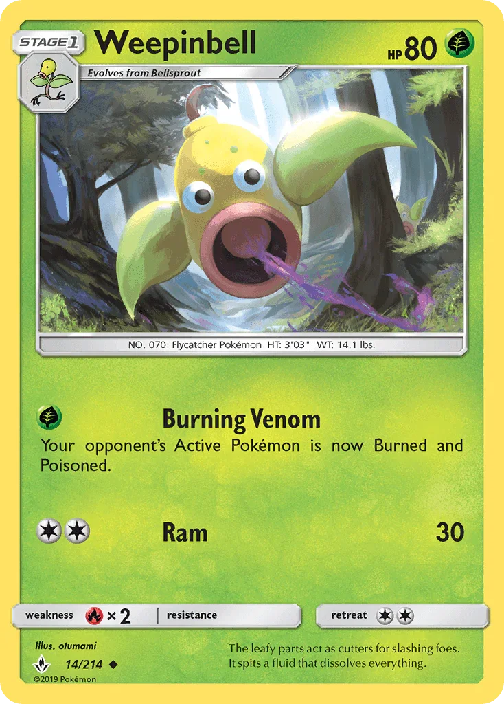14, Fire[×2], Grass, Normal, Reverse Holofoil, Sun & Moon: Unbroken Bonds, Uncommon Weepinbell (14/214) [Sun & Moon: Unbroken Bonds] - Trading Card World