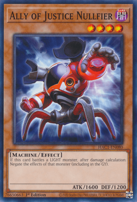 1st Edition, Common, Dark, Effect Monster, Hidden Arsenal: Chapter 1, Machine Ally of Justice Nullfier [HAC1-EN080] Common - Trading Card World