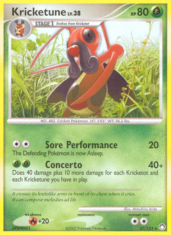 27, Diamond & Pearl: Mysterious Treasures, Fire[+20], Grass, Normal, Rare, Reverse Holofoil Kricketune (27/123) [Diamond & Pearl: Mysterious Treasures] - Trading Card World