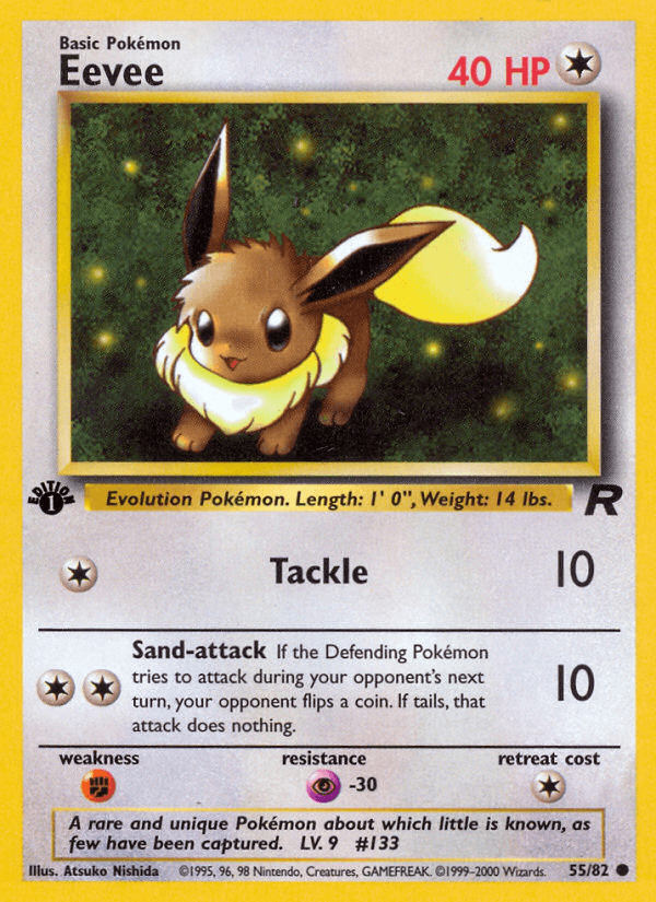 1st Edition Normal, 55, Colorless, Common, Fighting[×2], Psychic[-30], Team Rocket 1st Edition Eevee (55/82) [Team Rocket 1st Edition] - Trading Card World