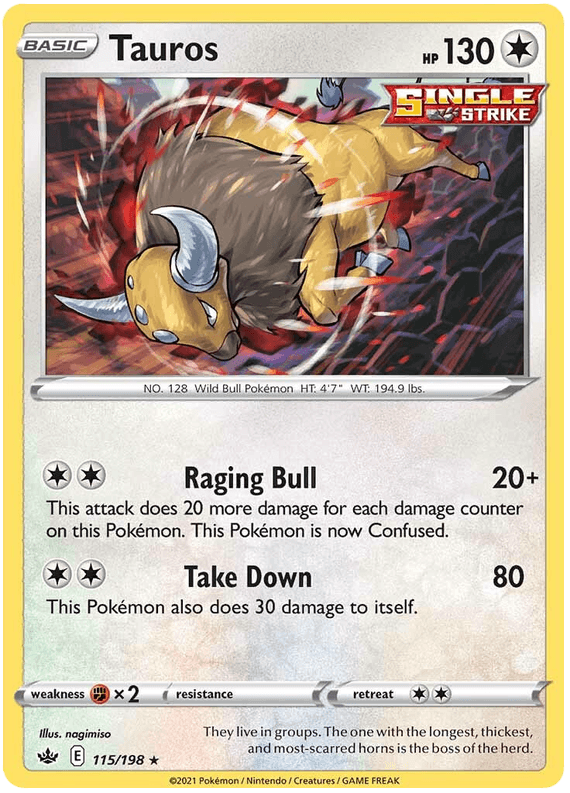 115, Colorless, Fighting [x2], Holo Rare, Holofoil, Reverse Holofoil, Sword & Shield: Chilling Reign Tauros (115/198) [Sword & Shield: Chilling Reign] - Trading Card World